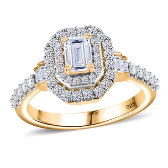 emerald cut halo lab diamond ring in 18k yellow gold over sterling silver