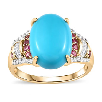 sleeping beauty turquoise rubellite and diamond 10k yellow gold ring front