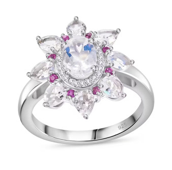 rainbow moonstone moissanite and pink sapphire ring in rhodium over sterling silver