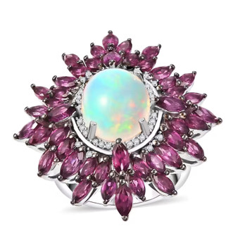 opal rhodolite garnet and zircon statement ring in rhodium over sterling silver