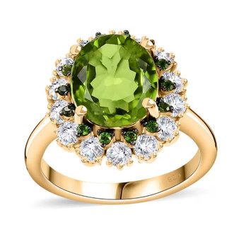 peridot chrome diopside and white zircon halo ring in 18k yellow gold over sterling silver