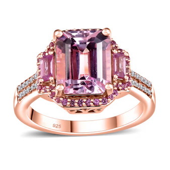 kunzite pink sapphire and zircon three stone halo ring in 18k rose gold over sterling silver