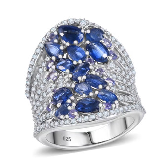 kyanite tanzanite and moissanite statement ring in rhodium over sterling silver