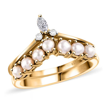 freshwater pearl and moissanite chevron stackable two ring set in 18k yellow gold over sterling silver