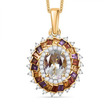 rainbow moonstone and multi gemstone halo pendant necklace in 18k yellow gold over sterling silver