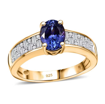 tanzanite and moissanite ring in 18k yellow gold over sterling silver