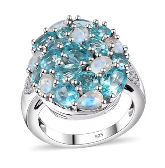 blue apatite moonstone and moissanite cluster ring in rhodium over sterling silver