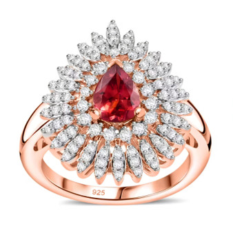 blush garnet and moissanite pear halo ring in 18k rose gold over sterling silver