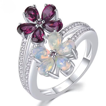 rhodolite garnet opal and zircon flower bypass ring in rhodium over sterling silver