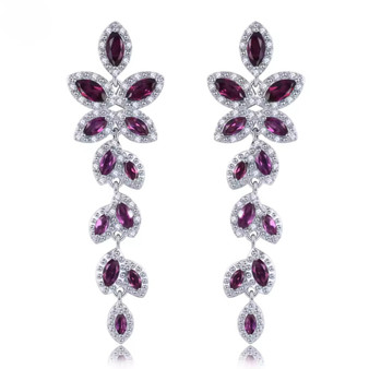 rhodolite garnet and white zircon dangle earrings in rhodium over sterling silver