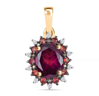 front view of rhodolite garnet multi gemstone halo pendant necklace in 10k yellow gold