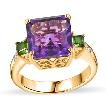 front view of amethyst chrome diopside and diamond ring in 10k yellow gold