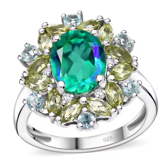 blue and green quartz triplet peridot apatite and zircon ring in rhodium over sterling silver