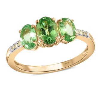 tsavorite garnet and yellow diamond trilogy ring in 10k yellow gold
