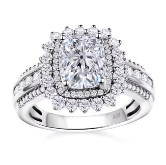 moissanite cushion double halo ring in rhodium over sterling silver