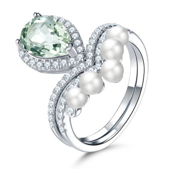 prasiolite pearl and white zircon chevron two ring set in rhodium over 925 sterling silver front