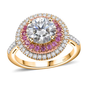 moissanite and pink sapphire halo ring in 18k yellow gold over sterling silver