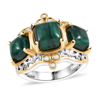 malachite and white zircon trilogy ring in two-tone 18k yellow gold and rhodium over sterling silver