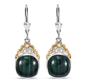malachite and white zircon dangle earrings in two-tone 18k yellow gold and rhodium over sterling silver