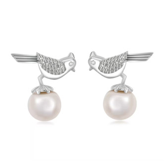 front view of freshwater pearl and moissanite bird earrings in rhodium over sterling silver