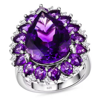 amethyst and moissanite pear halo cocktail ring in rhodium over sterling silver front