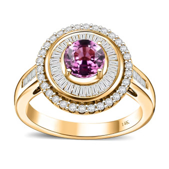pink sapphire and diamond double halo ring in solid 14k yellow gold