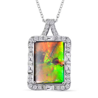 ammolite and white zircon halo pendant necklace in rhodium over sterling silver