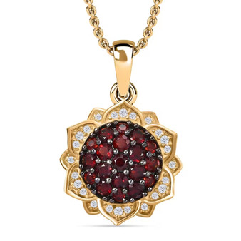 garnet and white zircon cluster pendant necklace in 18k yellow gold over sterling silver