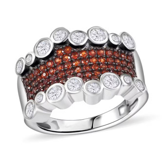 garnet and white zircon cluster band ring in rhodium over sterling silver