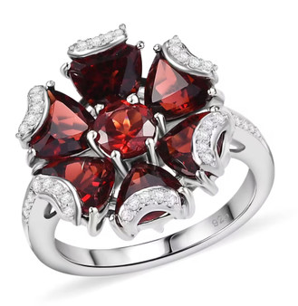 garnet and white zircon cluster ring in rhodium over sterling silver