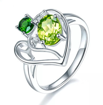 open view of peridot and chrome diopside heart ring in rhodium over sterling silver