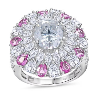 moissanite and pink sapphire halo ring in rhodium over sterling silver