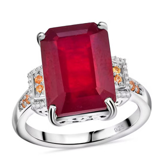 ruby (ff) orange sapphire and zircon ring in rhodium over sterling silver