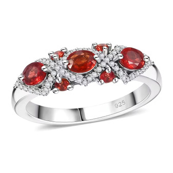 reddish orange sapphire and moissanite band ring in rhodium over sterling silver