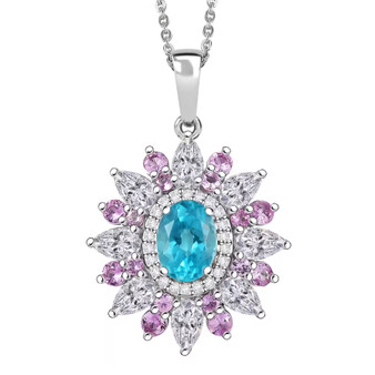 blue apatite moissanite and pink sapphire pendant necklace in rhodium over sterling silver