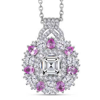 moissanite pink sapphire and pink sapphire pendant necklace in rhodium over sterling silver