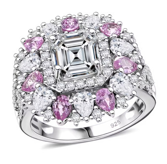 moissanite pink sapphire and pink sapphire ring in rhodium over sterling silver
