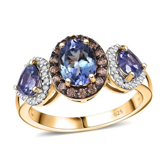 unheated tanzanite brown and white zircon trilogy halo ring in 18k yellow gold over sterling silver