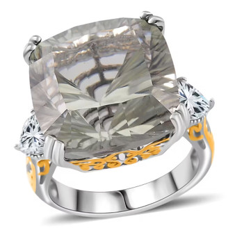 prasiolite and white topaz ring in 18k yellow gold and rhodium over sterling silver