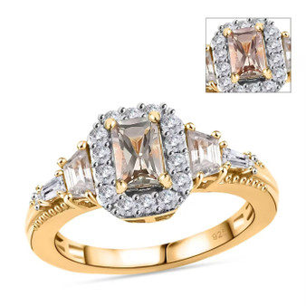 turkizite and white zircon radiant halo ring in 18k yellow gold over sterling
