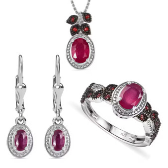 ruby (ff) and sapphire jewelry set in black and white rhodium over sterling silver
