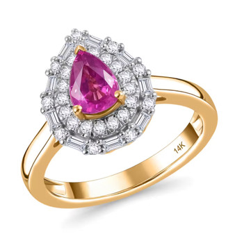 padparadscha sapphire and diamond halo ring in 14k yellow gold