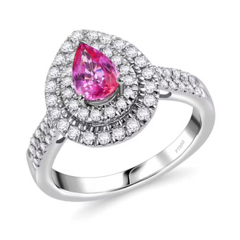 padparadscha sapphire and diamond halo ring in 950 platinum