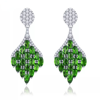 chrome diopside and white zircon dangle earrings in rhodium over sterling silver