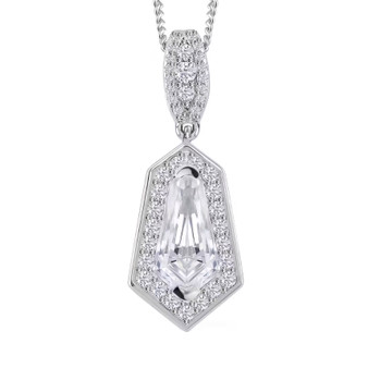 moissanite shield cut halo pendant necklace in rhodium over sterling silver