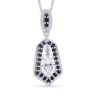 moissanite and blue sapphire shield cut halo pendant necklace in rhodium over sterling silver