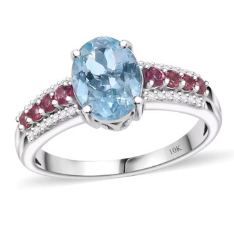 front view of aquamarine rubellite and diamond ring in solid 10k white gold