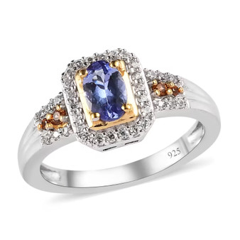 tanzanite brown and white zircon halo ring in 18k yellow gold and rhodium over sterling silver