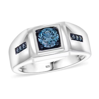 lab grown blue diamond gents ring in rhodium over sterling silver