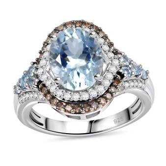 aquamarine champagne and white diamond double halo ring in rhodium over sterling silver